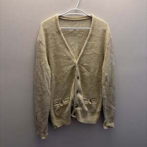 Vintage 1970s Knit Cardigan Sweater Cream Oatmeal Button Pocket Detail Large